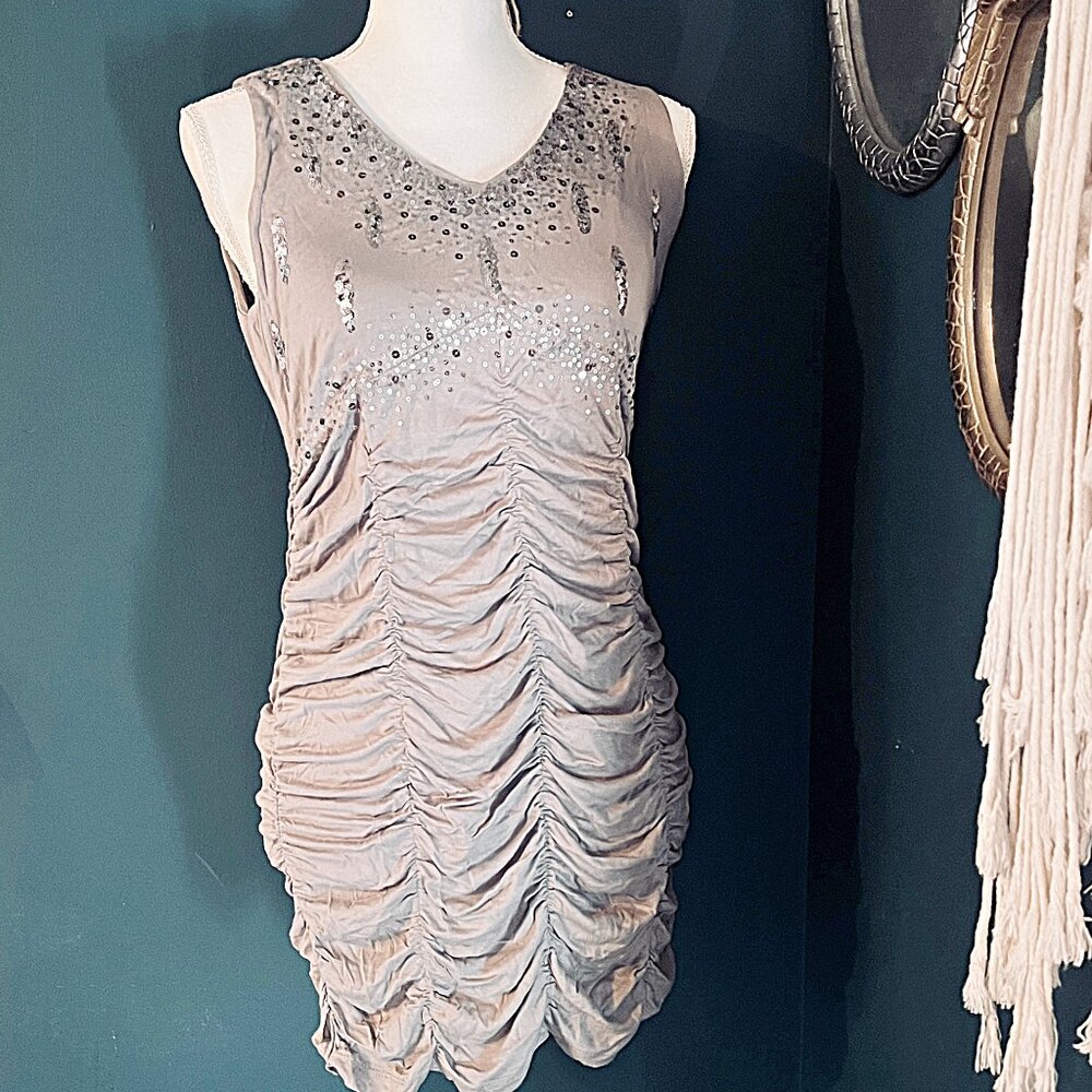 NEW NWT KISCHE Taupe Ruched Sparkle Beaded Long Sleeveless Top MD